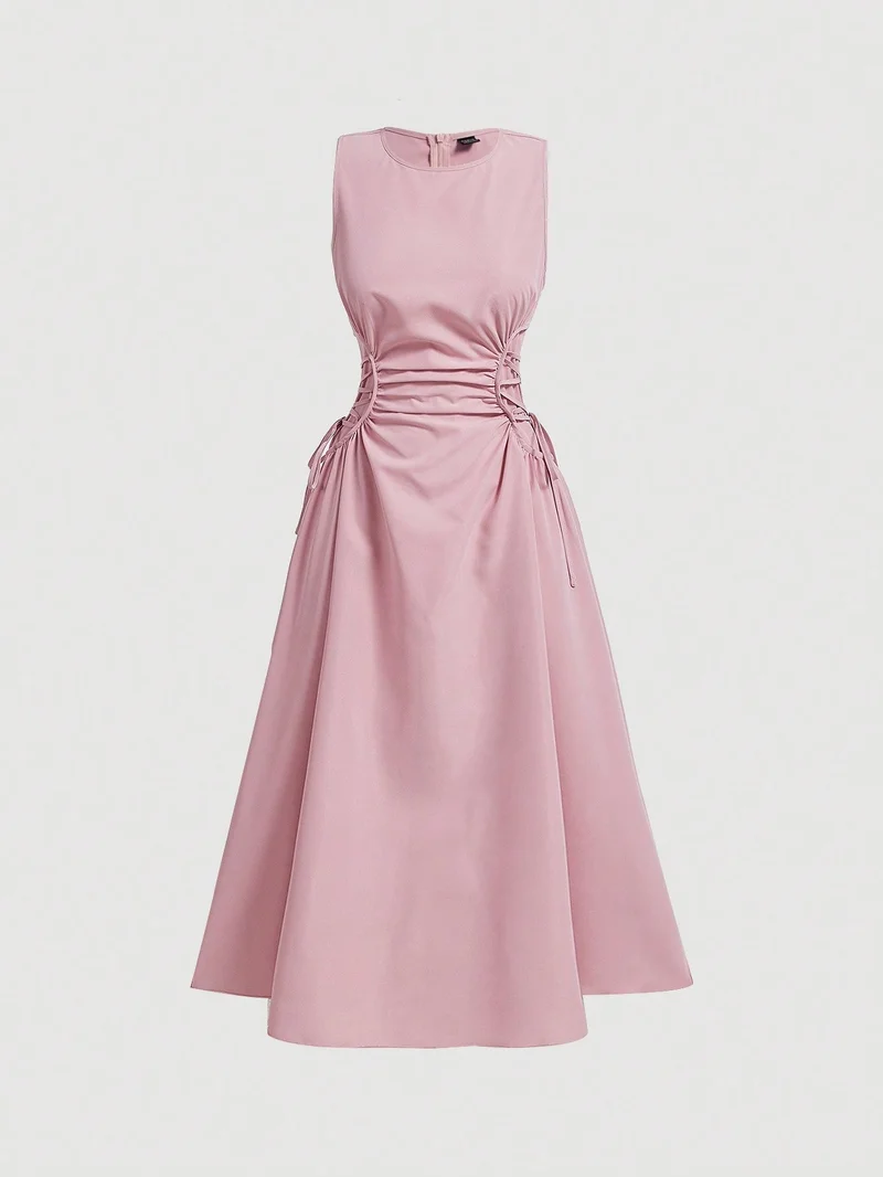 Outzidr  Pink Elasticated Cinched Waist Dress for Women | Best Price UAE